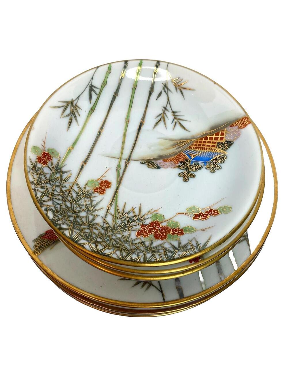 Kutani Japan Set of 4 Salad / Dessert Plates / Rural Scene 3 Cup Saucer Vintage